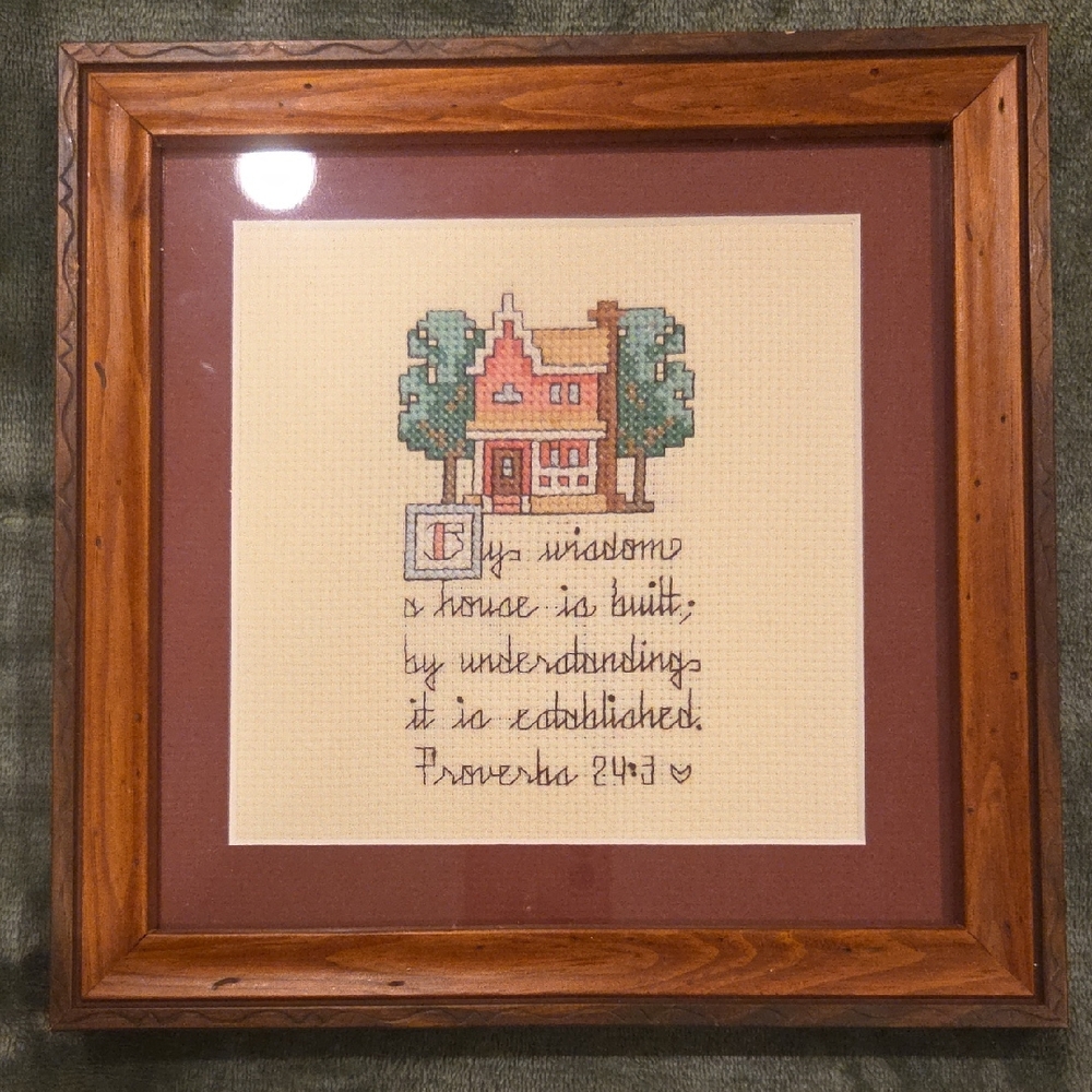 Hand-Embroidered Home Cross Stitch in Cream, Green, Pink Professionally Framed
